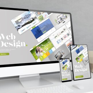 Responsive devices at office desktop 3d rendering with web