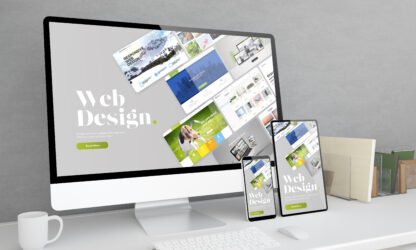 Responsive devices at office desktop 3d rendering with web